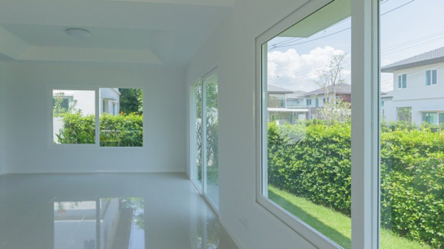 Empty room with glass window frame house interior on concrete wall